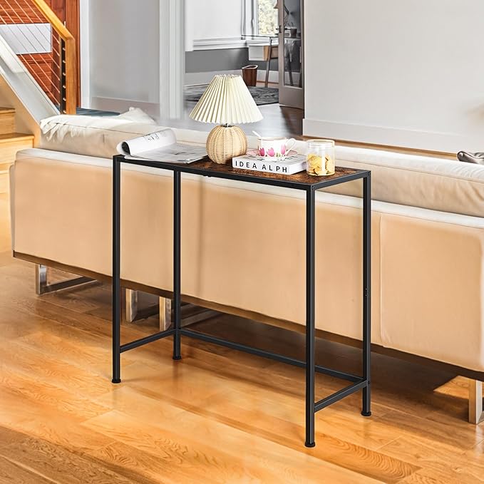 Small Entryway Console Table - Industrial Narrow Behind Couch Sofa Table, Skinny Entrance for Hallway, Wood Thin for Living Room, Foyer, Corridor (Brown)