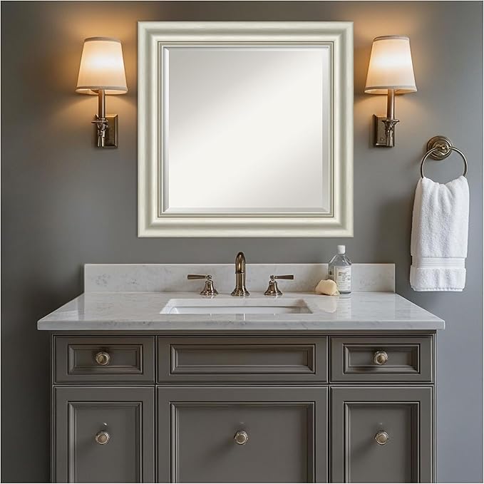 Amanti Art Bathroom Mirror for Over Sink, 26x26 Sophia Silver Square Vanity Mirror, Medium Traditional Frame, Hangs Horizonally and Vertically, Bathroom Wall Decor, Beveled Edge