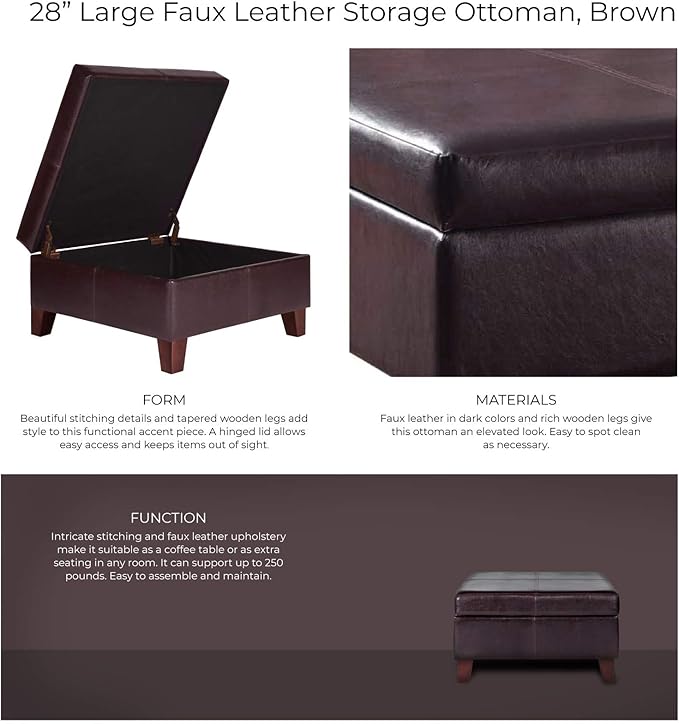 Homepop Home Decor |K2380-E155 | Luxury Large Faux Leather Square Storage Ottoman | Ottoman with Storage for Living Room & Bedroom, Distressed Brown