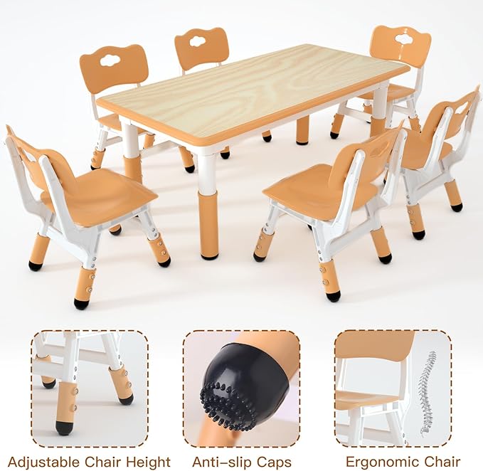 Kids Table and 6 Chairs Set，Height Adjustable Children Table & Chair，Toddlers Study Multi-Activity Table with 47.2"x23.6" Wipe-Clean Desktop，for Classrooms, Homes & Daycares