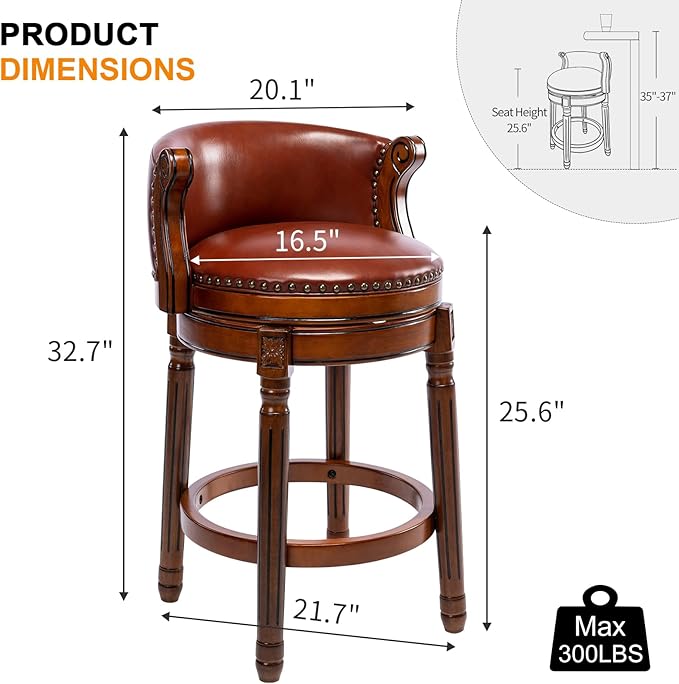 CozyRain Bar Stools Rubber Wood Counter Height Bar Stool Leather Upholstered Swivel Barstools with Back & Footrest for Home,Kitchen,Counter,Dining Room (Brown, Seat Height 26 in)