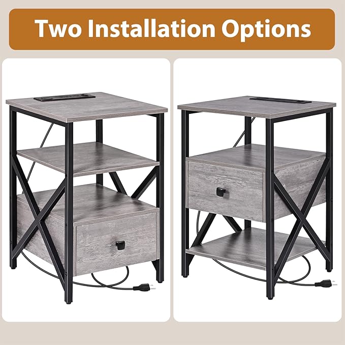 Side Tables with Wireless Charging Station, Grey End Tables Living Room with Charging, Side Tables with Wood Drawer, Night Stands with Storage for Bedroom, Bedside Tables, Living Room