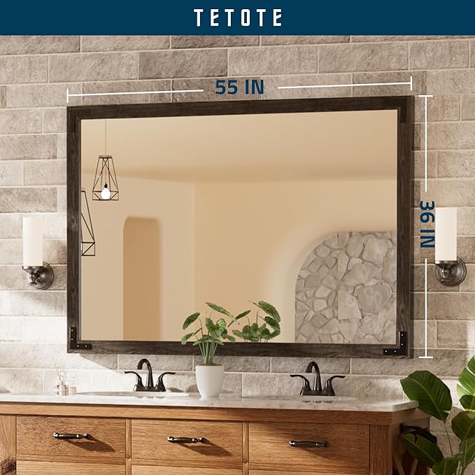 TETOTE 55 x 36 Black Wood Mirror for Bathroom Wall/Bedroom/Living Room/Entryway Farmhouse Rustic Bathroom Vanity Mirror for Over Sink Waterproof (Horizontal/Vertical Mounted)