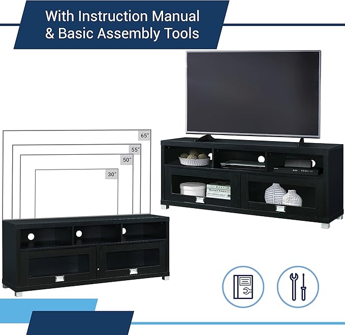 Techni Mobili TV Stand for 55+ Inch TV - Durbin Entertainment Center for 65 Inch TV - Living Room & Media Furniture with Glass Storage Cabinet Drawers, Shelves, & Cable Management Opening - Black