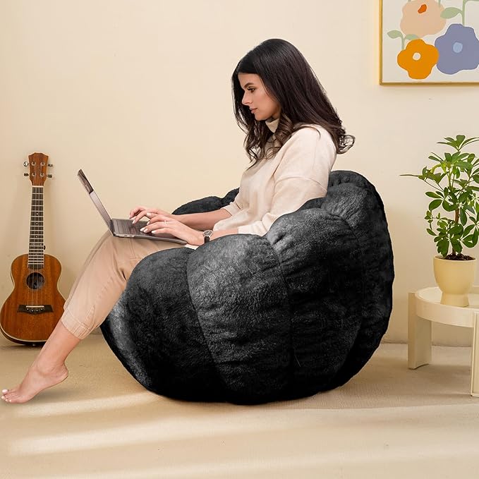 Pumpkin Bean Bag Sofa Chair, Bean Bag Chair with Filler for Teens, Kids, Toddler, Comfy and Lazy Sofa for Dorm, Apartment, Living Room and Bedroom, Black