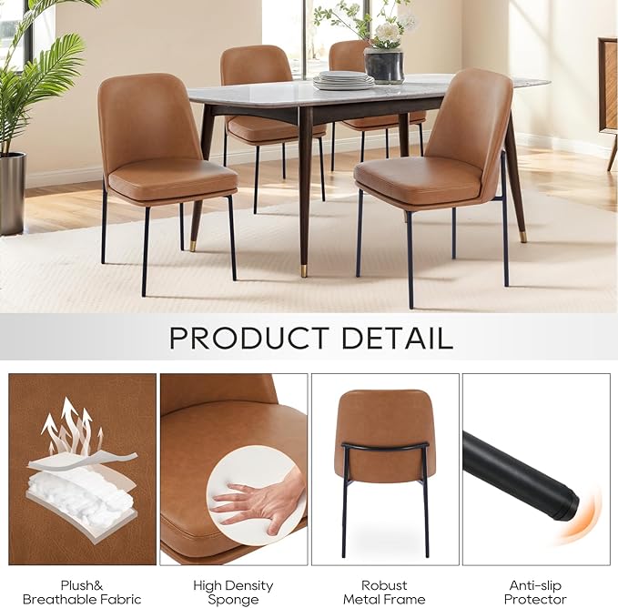 COLAMY Modern Dining Chairs Set of 6, Faux Leather Upholstered Kitchen Chairs with Curved Back & Metal Legs, Mid-Century Dining Room Chair (Brown)
