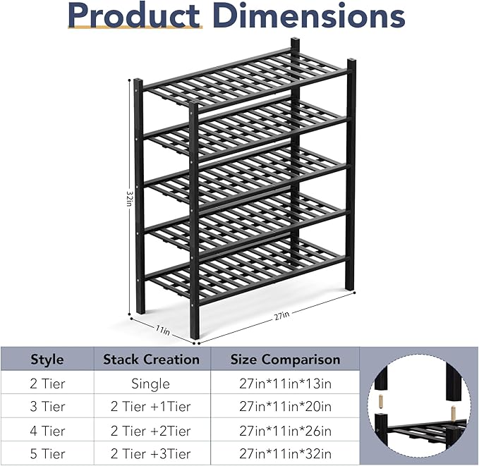 Haddockway 5 Tier Bamboo Shoe Rack Storage Organizer, Multifunctional Free Standing Stackable Shoe Shelf with Grid Panel for Closet,Hallway,Entryway,Small Space 27"x11"x32"(Black, 5 Tier)