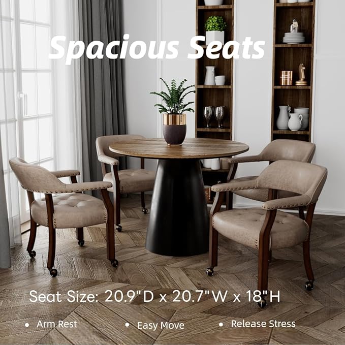 LEEMTORIG Large Dining Chairs with Casters and Arms, Rolling Dining Chairs with Wheels, Solid Wood Office Desk Chairs, 26“Dx25.2 Wx31.5“H, Cherry Legs & Yellowish Brown Fabric SY-1533-LT