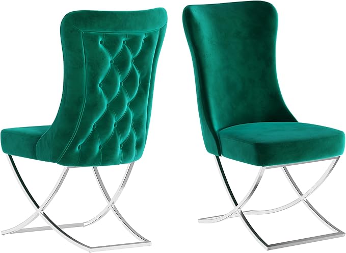 Ottomanson Royal Dining Chairs Set of 6 – Upholstered Tufted Microfiber, Assembled, Silver Metal Legs, Beech Wood Frame, 350 lb Capacity, Green