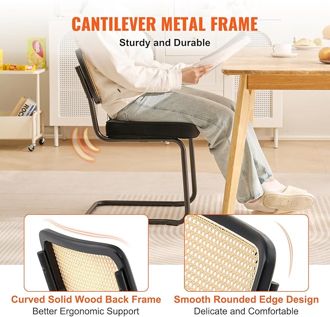 VEVOR Rattan Dining Chairs Set of 4, Mid Century Modern Dining Chair, Upholstered Velvet Accent Chair with Rattan Back, Retro Dining Room Kitchen Chair for Living Room, Bedroom (18.1 Inch)