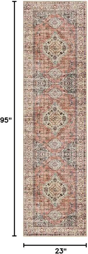 Lahome Oriental Washable Kitchen Runner Rug Non Slip, 2x8 Runners for Hallways with Rubber Backing, Vintage Soft Long Carpet for Bathroom Laundry Bedroom, Peach/Orange