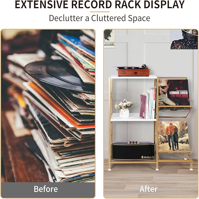 Record Player Stand with Vinyl Record Storage, Turntable Stand with 2-Tier Vinyl Display Shelf & Metal Frame, Vinyl Holder for Living Room, Gold & White