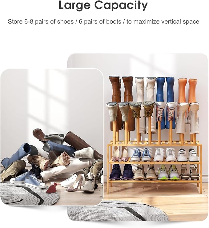 Boot Rack with Shoe Rack, Long Boot Rack Organizer Tall Boots for Closet, Bamboo Wood Shoe Shelf Storage Organizer for Entryway Small Space
