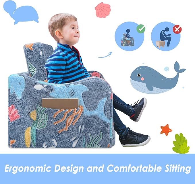 Kids Couch Extra Large,Glow in The Dark 2-in-1 Folding Kids Sofa Bed for Boys,2 Seats Convertible Sleeper Lounger Toddler Couch for Children Bedroom Playroom Nursery,Marine