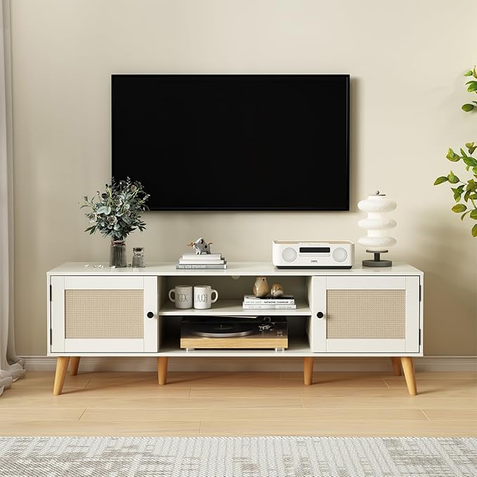 TV Stand for TVs up to 65 inches, Rattan Grain Finish Panel with 2 Storage cabinets, Modern Minimalist Style, Living Room, Audio-Visual Room for Multiple Rooms,3 Colors Available (White)
