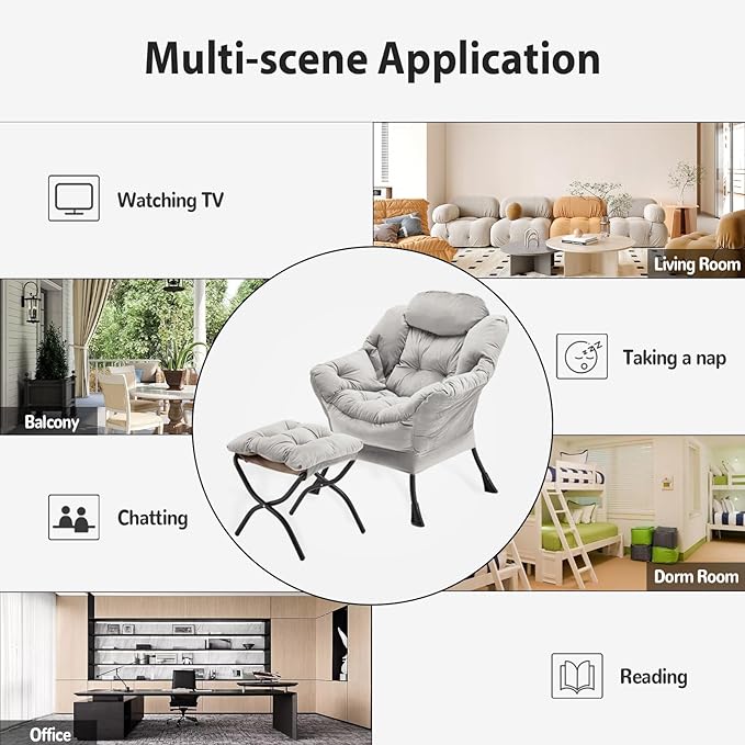 Lazy Chair with Folding Ottoman, Accent Chair Velvet Upholstered with Metal Structure and Non-Slip Pads, Sofa Armchair with Footrest and Side Storage Bag for Dorm, Room, Office, Light Gray
