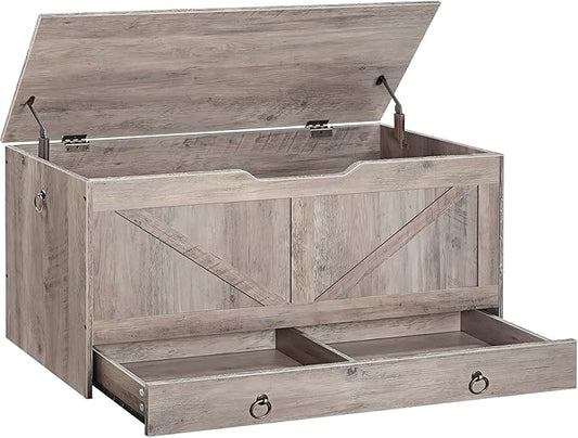 HOOBRO Storage Chest, 39.3" Toy Chest with Drawer, Wooden Storage Bench, Sturdy Entryway Bench Supports 220 lb, Safety Hinge, U-Shaped Opening, Easy Assembly, Greige BG710CW01G1