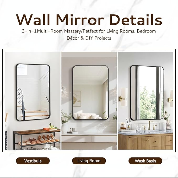 20x28 Rounded Rectangle Bathroom Mirrors for Over Sink, Black Vanity Mirror with Metal Frame Wall Mounted, Modern Farmhouse Mirror for Restroom, Bedroom, Entryway Decor