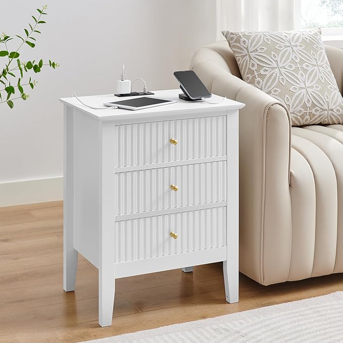 OCANDO White Bed Side Table with Charging Station and USB & Type-C Ports, Bedroom Nightstand 24" H,Vintage Modern Night Stand with 3 Drawers 19" W,Living Room Fluted End Bedside Tables