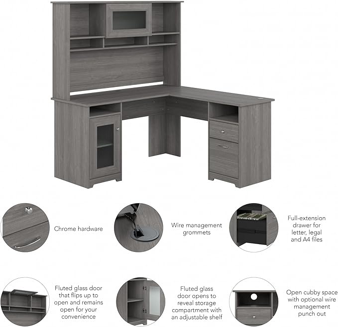 Bush Furniture Cabot L Shaped Desk with Hutch | Corner Desk with Storage for Home Office in Modern Gray | 60W L Shaped Computer Desk