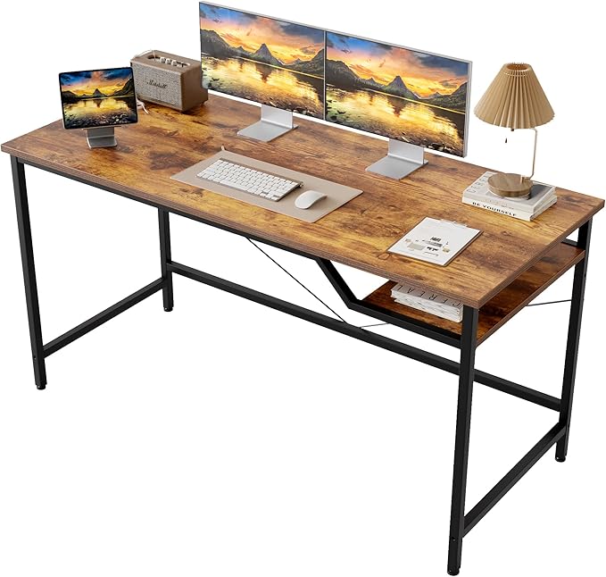 Computer Desk 55 X 24 inch, Gaming Desk for Small Spaces, Modern Simple Style Table for Home Office, Study Student Writing Table (Shelf, Rustic Brown, 55 inch)