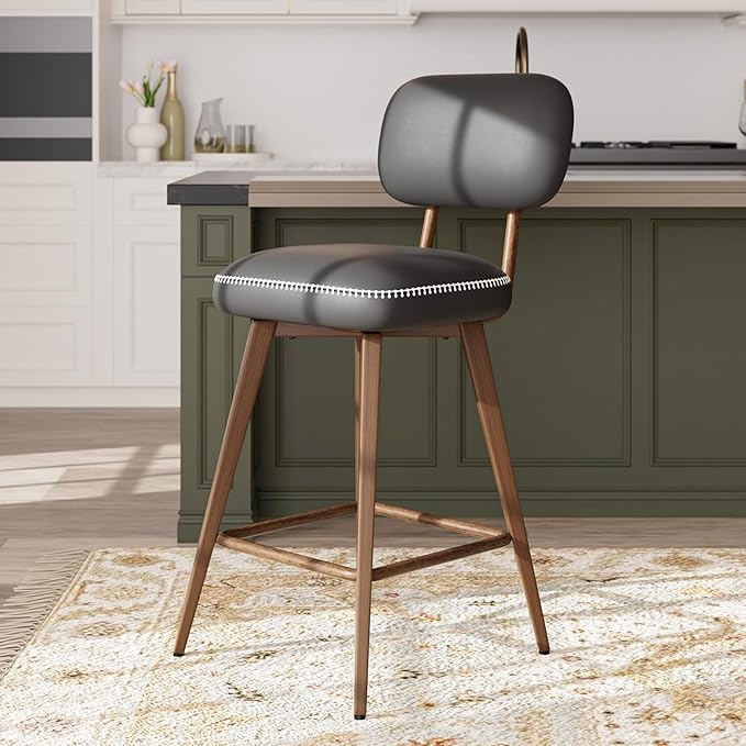 Swivel Bar Stools Set of 4, Mid Century PU Leather Counter Height Bar Chairs with Low Back and Metal Legs, Modern Bar Stool Chair for Kitchen Island, Black