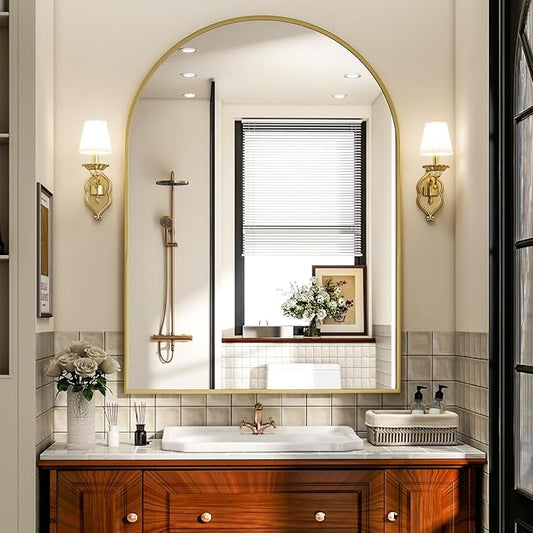 Arch Bathroom Mirror, 26x38 inch Arched Bathroom Mirror/Wall Mounted Vanity Mirror - Arch Metal Frame Wall Mirror for Bathroom Bedroom Living Room, Gold