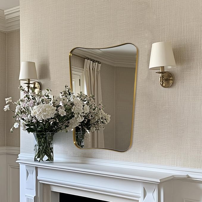Gold Mirror for Bathroom, Asymmetrical Mirrors for Wall, Vintage Vanity Mirror, Irregular Mirror in Stainless Steel, 22 x 30 Antique Brass Wavy Mirrors Wall Mounted Vertically Only