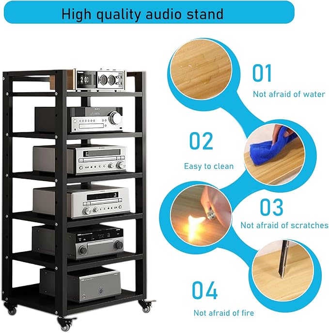 6 Tier Audio Rack Tower, CD Record Player Stereo Receiver AV Equipment Cabinet Display Rack, Weight Capacity 661 lbs, with Adjustable Wooden Shelves for Home (BIACK, 6 Tier 47×19.7×15.7IN)