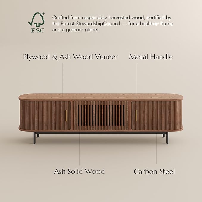 POVISON Fully-Assembled Mid Century Modern TV Stand for 75+ inch TV, Sliding Door Entertainment Center with Storage, Wood TV Console, Media Console for Living Room Bedroom(Walnut, 94.49")