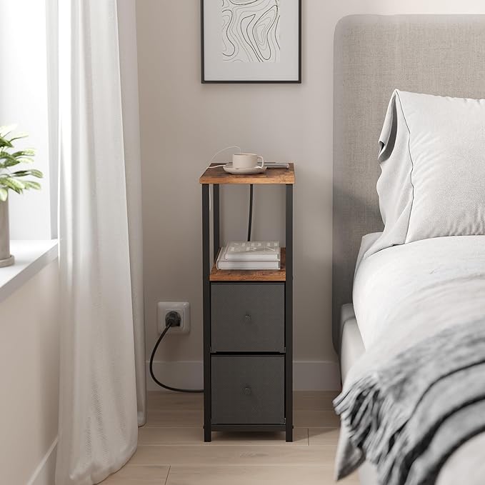 TUTOTAK Small Narrow LED End Table with Charging Station, Side Table Outlets, Nightstand with 2 Cloth Drawers, Set of 2, Couch Table, for Living Room, Bedroom, Bedside, Brown and Black TB01BB056K