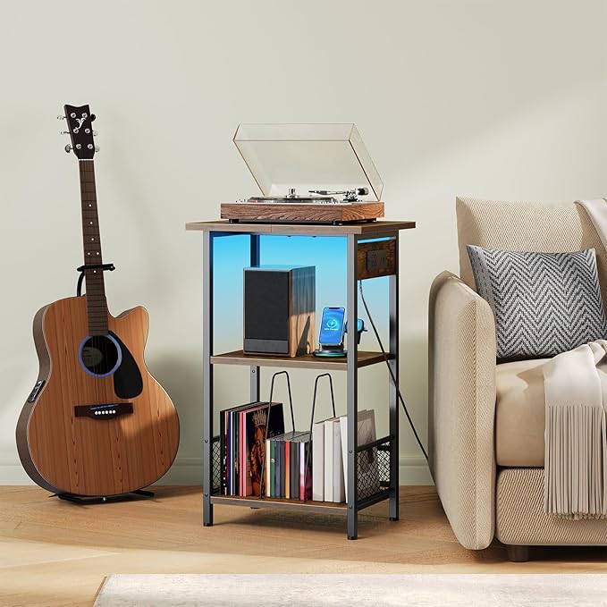 HOOBRO Record Player Stand with Charging Station and LED, Turntable Stand with Storage, 3 Tier End Table Hold Up to 100 Albums, Record Table for Vinyl, Living Room, Rustic Brown and Black BF06UDRS01