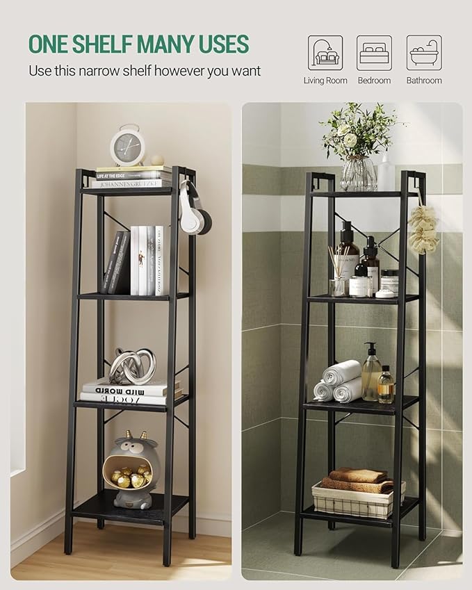 Ladder Shelf, Bookshelf Bookcase, Freestanding Corner Storage Shelve with 2 Hooks for Home Office, Living Room, Kitchen, Bedroom, Industrial, 4-Tier Black BC13204B