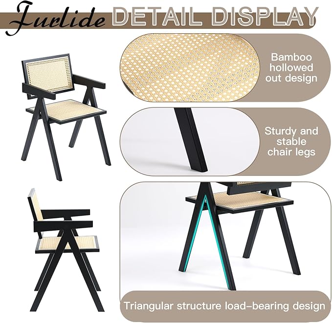Rattan Dining Chairs Set of 2, Modern Mid Century Dining Chairs with Arms, Outdoor Bamboo Chairs for Bedroom, Living Room, Reading Room, Black