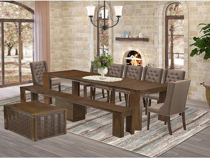 X07FO-BC8-18 - 10 Pieces Modern Dining Set contains an Extendable Rectangle Kitchen Table, 1 Coffee Table, 7 Dining Chairs and 1 Modern Bench, 39x120 Inch, Antique Walnut
