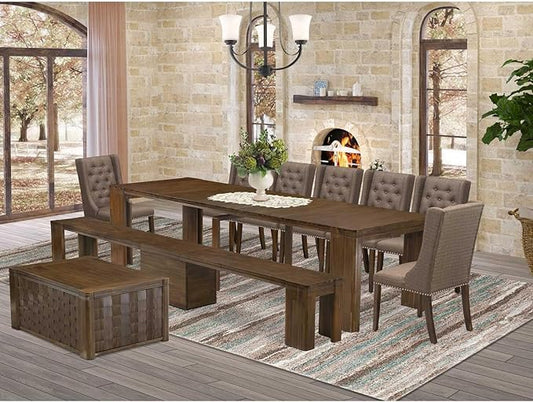 X07FO-BC8-18 - 10 Pieces Modern Dining Set contains an Extendable Rectangle Kitchen Table, 1 Coffee Table, 7 Dining Chairs and 1 Modern Bench, 39x120 Inch, Antique Walnut