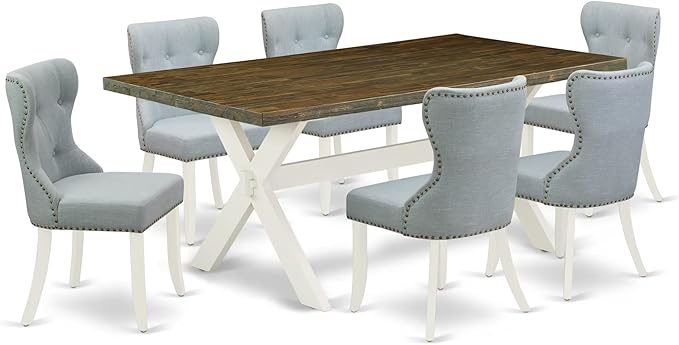 East West Furniture X077SI215-7 7 Piece Dining Table Set Consist of a Rectangle Dining Room Table with X-Legs and 6 Baby Blue Linen Fabric Upholstered Chairs, 40x72 Inch, Multi-Color