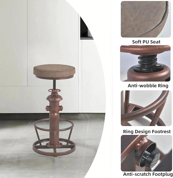 Vintage Swivel Bar Stools-Industrial Counter Height Chairs-Kitchen Dining Office-Soft Pu Top Adjustable 25-31inch