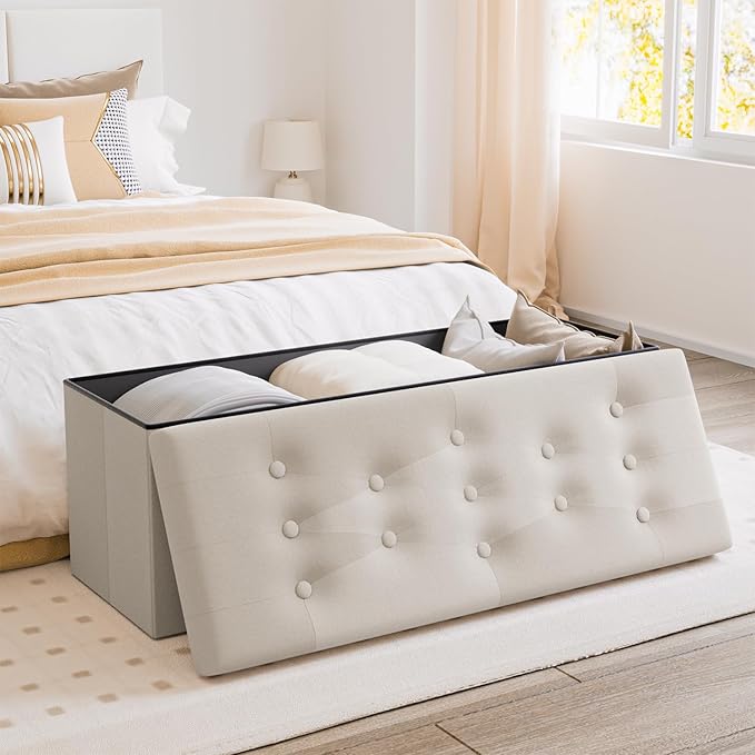 PRANDOM Jumbo Ottoman with Storage [1-Pack] Velvet Folding Small Square Foot Stool with Lid for Living Room Bedroom Coffee Table Dorm Beige 43x15x15 inches
