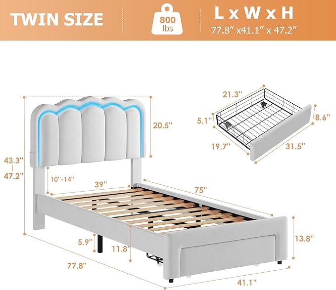 Twin Upholstered LED Bed Frame with Storage Drawer and Adjustable Chic Double Wavy Headboard, Velvet Prince Platform Bed for Boys/Kids, Solid Wood Slats Support, No Box Spring Needed, Grey