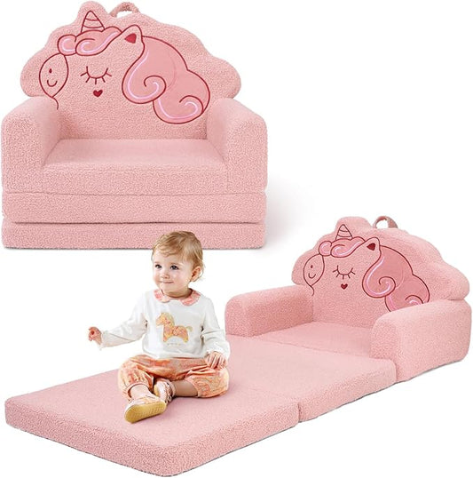 TinyPalsa Kids Couch, Convertible Sofa to Lounger Fold Out, Pink Unicorn Design Chair for Toddlers 1-3, Gift for Birthday, Movie Night