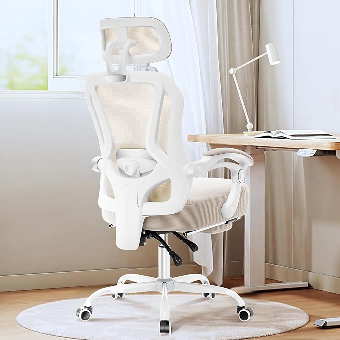 Ergonomic Office Chair with Footrest,Ultra Thick Reclining Desk Chair with Adjustable 2D Lumbar Support and Headrest,Spring Cushion,High Back Premium Mesh Computer Chair,Cream