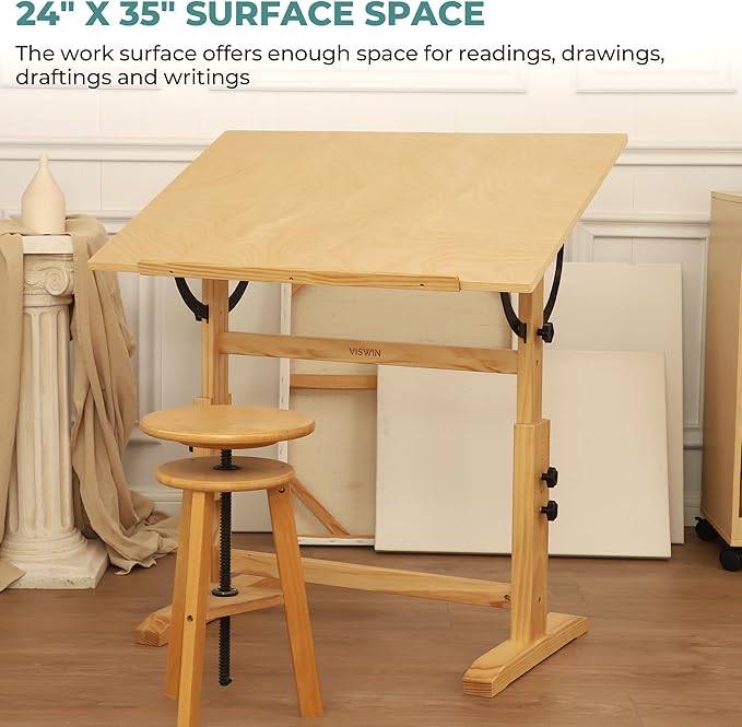 VISWIN Wood Drafting Table for Adults, 24'' x 35" Drawing Table with Adjustable Height & Angle for Art Studio, Solid Pine Wood Artist Desk for Drawing, Drafting, Writing, Reading, Sketching