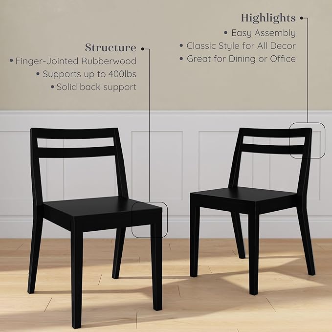 Grain & Grove Davie Dining Room Chairs Set of 2, Solid Wood Modern Kitchen Chair for Living Room, Kitchen, Black