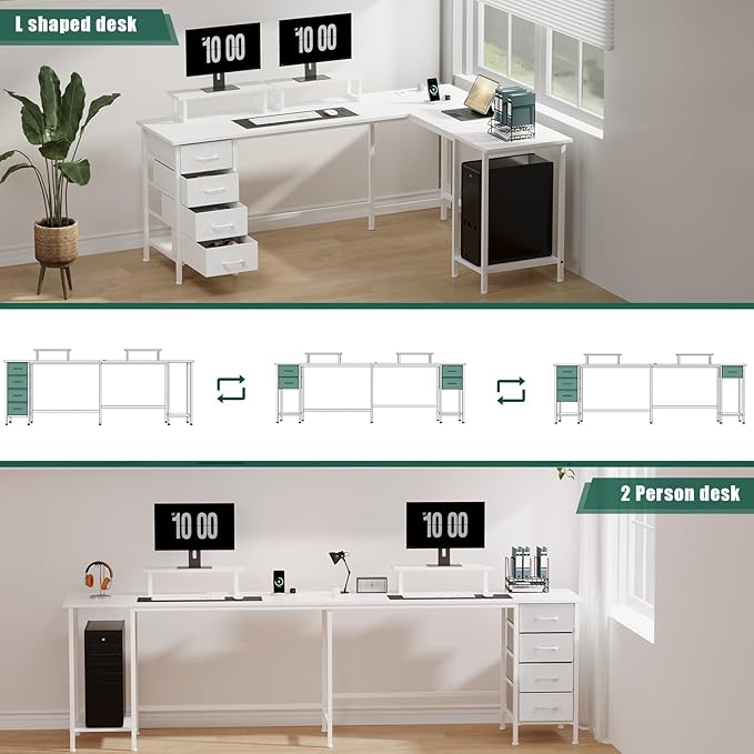 66" L Shaped Computer Desk, 94.4'' Home Office Desk with Power Outlets, 4 Adjustable Storage Drawers & 2 Monitor Stands, Large Two Person Gaming Table for Writing Study, White