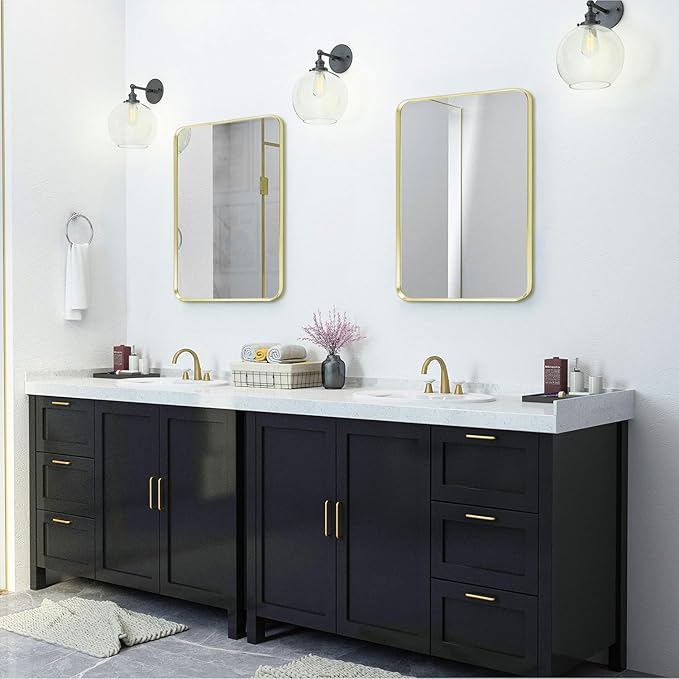 Gold Framed Bathroom Mirror, Brushed Gold Bathroom Vanity Wall Mirror, Rounded Rectangle Gold Frame Mirror, Tempered Glass, Anti-Rust, Hangs Horizontally or Vertically (22" x 30", Gold)