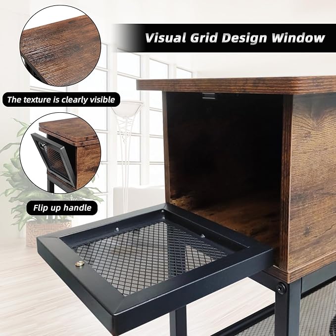 Flip Top End Table for Living Room, 28 inch Side Table, 12" D x 24" W x 28" H, Narrow Side Table with Drawer, 8.4" Deep Drawer, End Table with Charging Station, Steel X-Shaped Frame, Rustic Brown