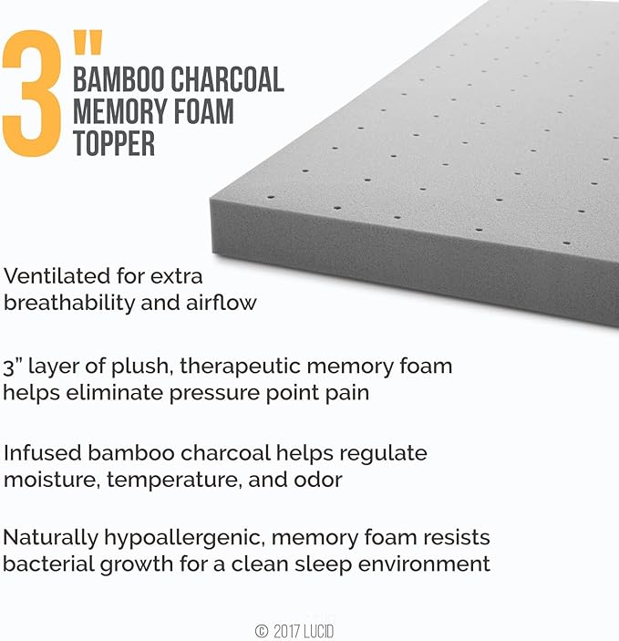 Lucid 3 Inch Ventilated Bamboo Charcoal Memory Foam Mattress Topper - Twin XL Mattress Topper