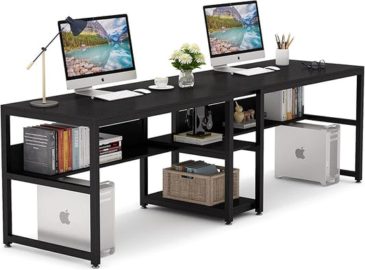 Tribesigns Two Person Desk with Bookshelf, 78.7 Computer Office Double Desk for Two Person, Rustic Writing Desk Workstation with Shelf for Home Office (Black)