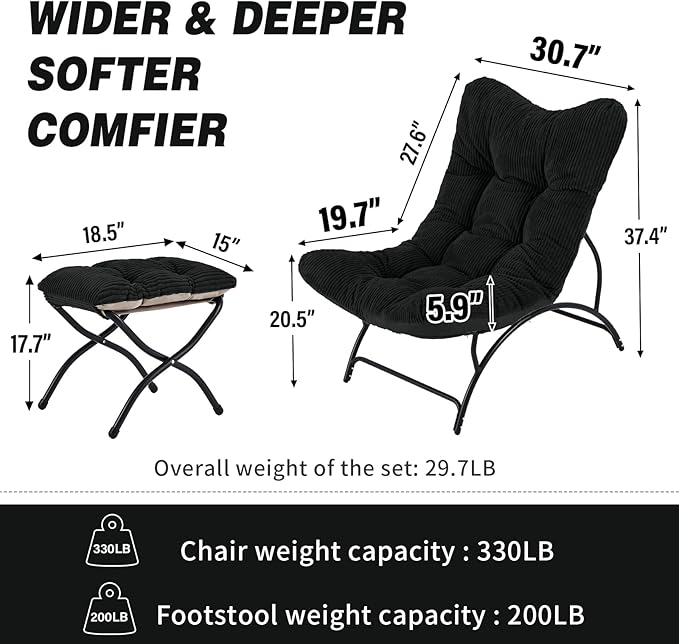 Welnow Accent Chair with Ottoman, Lounge Comfy Soft Leisure Metal Frame Reading Chair with Footrest, Upholstered Thick Cushion Seated Recliner Sofa for Living Room, Bedroom, Dorm, Black